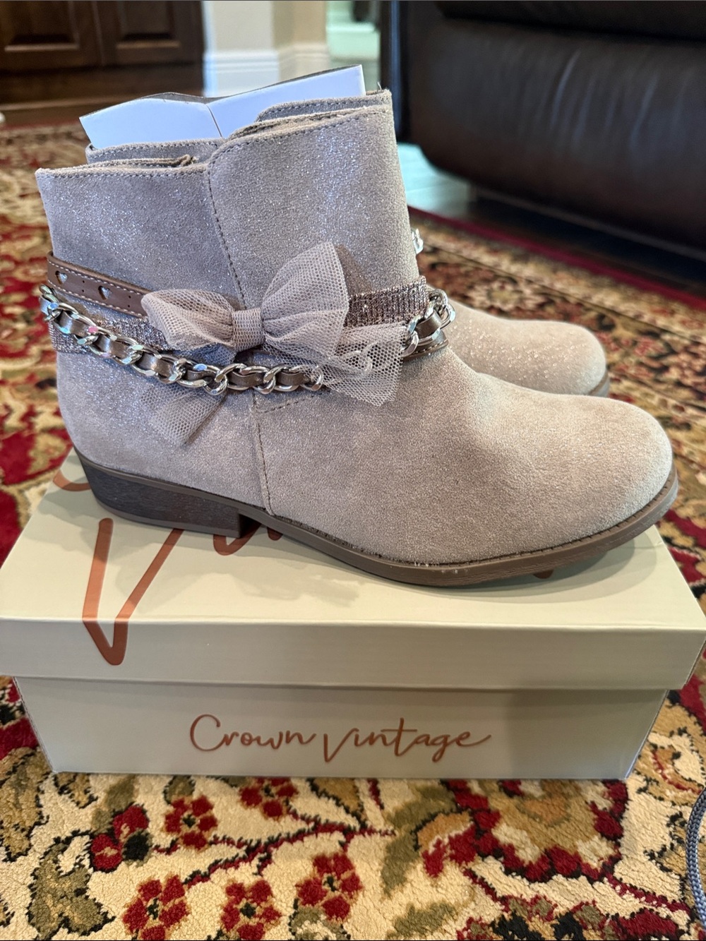 Crown Vintage Blush Suede Ankle Boots with Tulle Bow & Chain